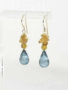 14k Yellow Gold Blue Topaz Briolette and Raw Citrine Nuggets Dangle Earrings - Picture 1 of 4
