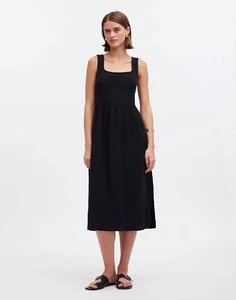 Madewell Tank Dress Women XXS Black Midi Crepe A-Line Textured Sleeveless Cotton - Picture 1 of 13