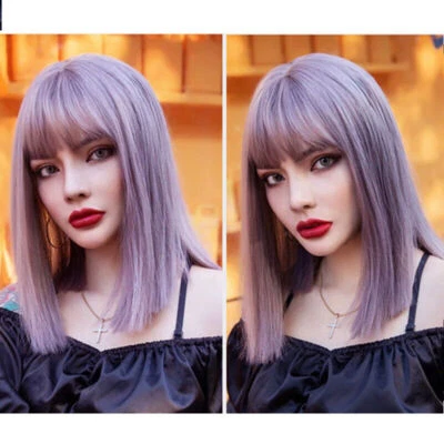 Pelucas de cabello humano púrpura claro cabello Remy peruano Bob pelucas con flequillo sin encaje  Foto 1 de 4