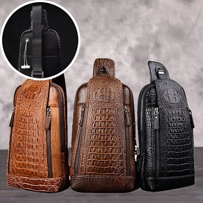 Mens Sling Backpack Leather Crocodile Crossbody Bag Chest Sling Bag Travel Bag - Image 1 of 4