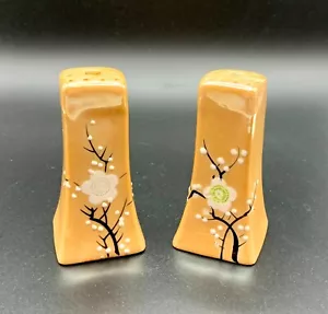 Pfirsich Glanzgeschirr Salz und Pfefferstreuer Set Pflaumenblüte handbemalt Japan Vintage - Bild 1 von 5