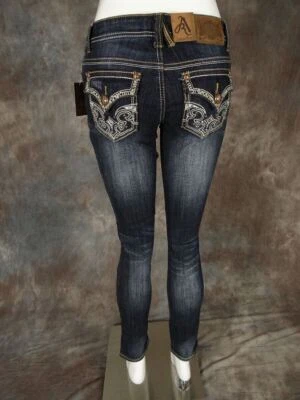 JEANS REMACHES ANTIGUOS para mujer pierna ajustada elástica vintage azul lavado solapa bordada Foto 1 de 4