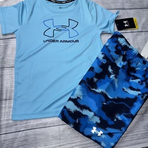 Under Armour Little Boys Blue Camo Swim Outfit Set Trunks Rash Guard NEW - Picture 1 of 1