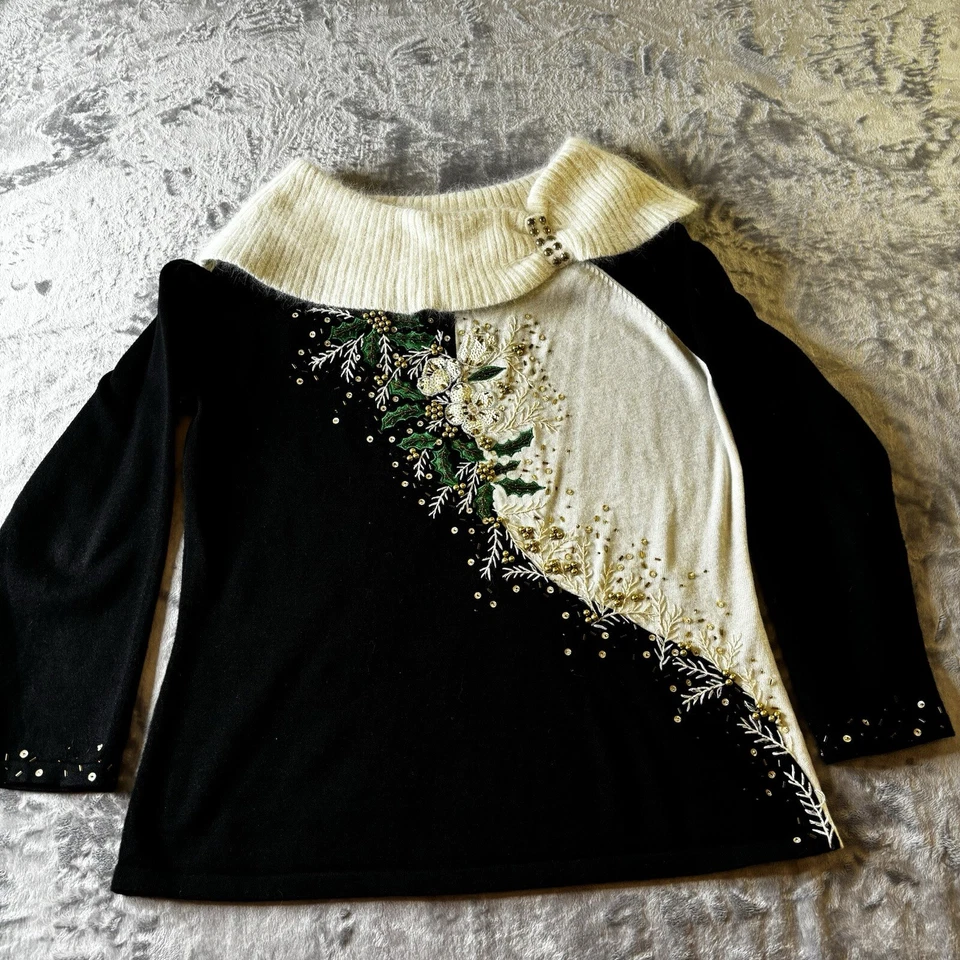 Suéter Berek Vintage Lentejuelas Grandes Acebo Navidad Barco Cuello Lentejuelas Cuentas Foto 1 de 4