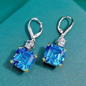 3 Ct Asscher Cut Lab Created Blue Topaz Dangle Earrings 14K White Gold Plated