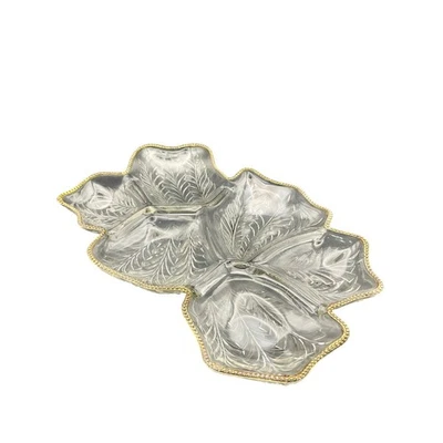 Vtg. Jeannette Feather Leaf Shaped Glass Relish Tray Gold Trim Elegant 6 Section - Image 1 of 4