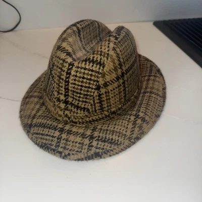 Настоящий винтажный маяк Hill клетку твид Fedora шляпа бежевый черный оливковый большой  - Изображение 1 из 4