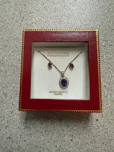 18K/STERLING SILBER HALSKETTE ANHÄNGER & OHRRING SET MIT ECHTEM AMETHYST DIAMANT - Bild 1 von 3