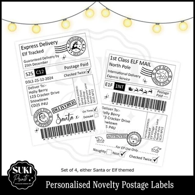 SUKI PRINTS Personalised North Pole Postage Labels. Santa Elf Delivery Label. Fun Novelty