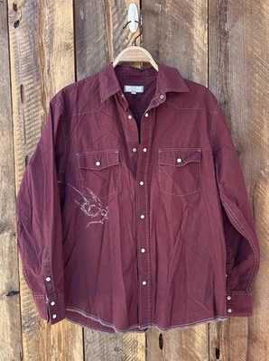 Old Navy Western Pearl Snap Mens M Burgundy Embroidered Bird Y2K Cowboy Rodeo - Image 1 of 4