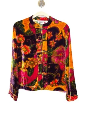 Cárdigan Hippie De Colección Años 90 Diseño Chico’s 2 GRANDES Colorido Floral Terciopelo Seda Top Foto 1 de 4