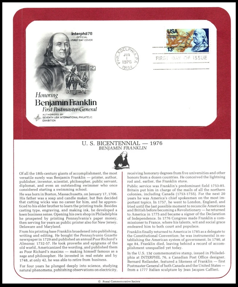 1976 Benjamin Franklin Sc 1690 FDC PCS panel. Bicentennial Philadelphia patriot - Image 1 of 1
