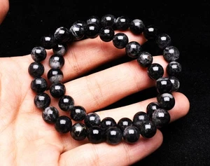 8.3mm 2Pcs Natural Black Hair Rutilated Crystal Gemstone Round Beads Bracelet - Picture 1 of 5