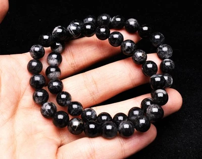 8.3mm 2Pcs Natural Black Hair Rutilated Crystal Gemstone Round Beads Bracelet - Image 1 of 4
