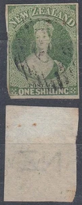 NEW ZEALAND 1864 QV FFQ 1/- GREEN WMK ‘NZ’ IMPERF SG #100 USED (ID:061/D66219) - Picture 1 of 1