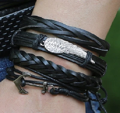 Bracciale uomo in cuoio pelle nero intrecciato braccialetto polsino ancora e ala - Immagine 1 di 3