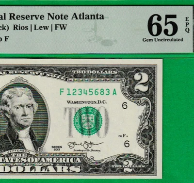 $2  TWO DOLLAR Federal Reserve note LADDER Serial Numbers 1-2-3-4-5-6-8-3 PMG 65 - Image 1 of 3