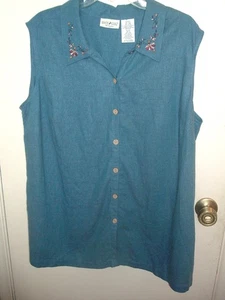 Blusa túnica de lino ciervo blanco sin mangas bordada azul 18W / 20W ¡BONITA! - Imagen 1 de 5