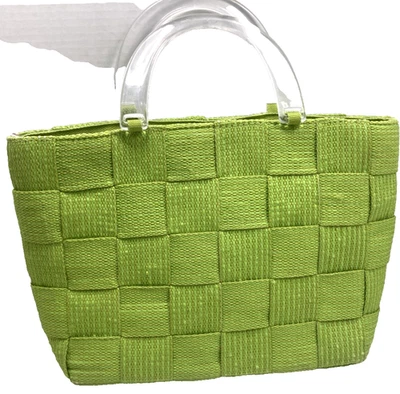 Vtg M&G Bertini Italy Seatbelt Woven Handbag Purse Lucite Handles Lime Green - Image 1 of 4