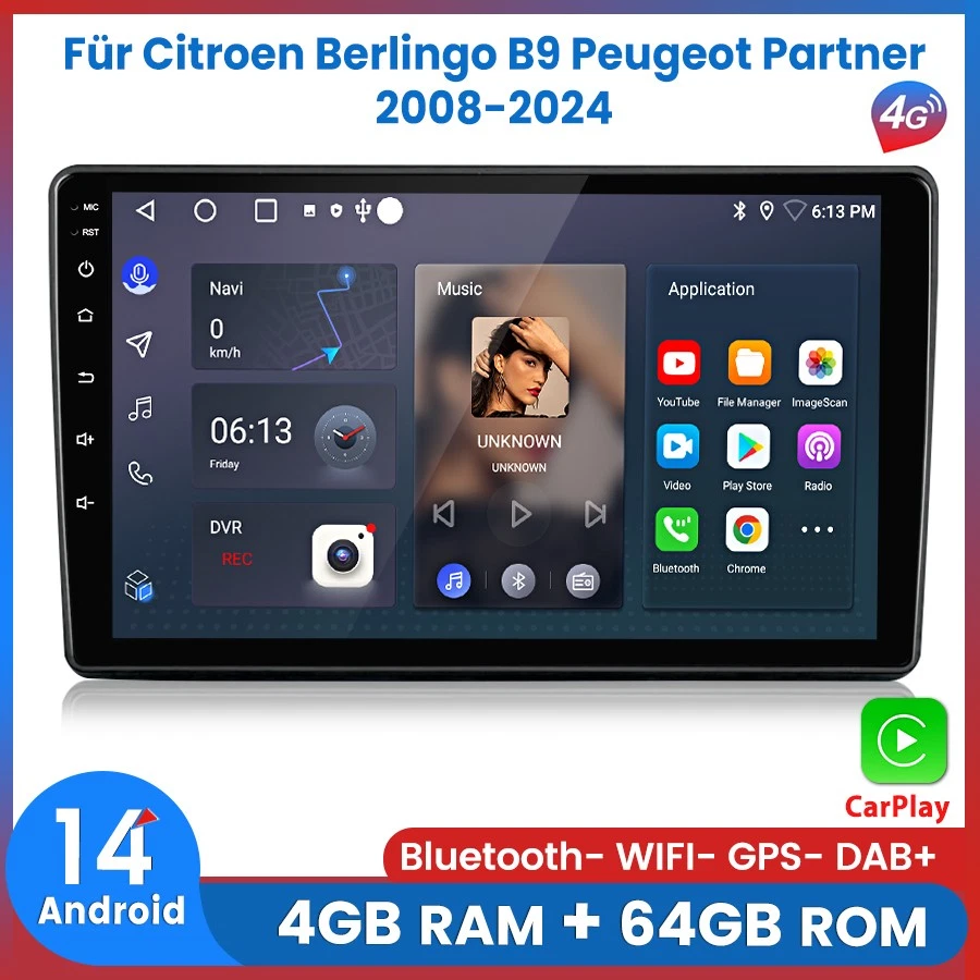 Für Citroen Berlingo B9 Peugeot Partner 2008-2024 4+64G Autoradio V1PRO GPS Navi - Bild 1 von 4