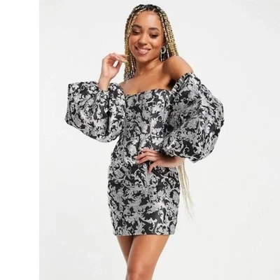 Mini vestido ASOS Luxe corset preto prata floral manga folhada bardot tamanho 6 - Imagem 1 de 4