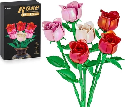 *FREE SHIP* 13" ROSE BOUQUET (6) Six Rose Building Brick Set Pink / Red / White - Image 1 of 4