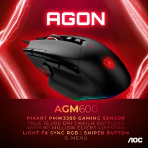 4038986630795 AOC AGM600 Pixart PWM3389 RGB 16000 DPI Wired Mouse Black AOC - Picture 1 of 12