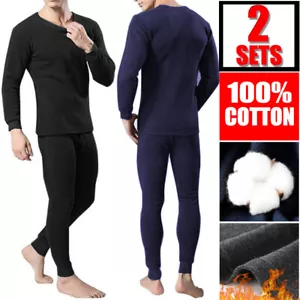 2 Set Mens Winter Fleece 100% Cotton Thermal Long Johns Top Bottom Underwear Set - Picture 1 of 10