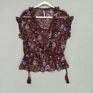 American Eagle Peasant Top Womens S Plum Floral Sheer Chiffon Tasseled Boho Chic - Picture 1 of 7