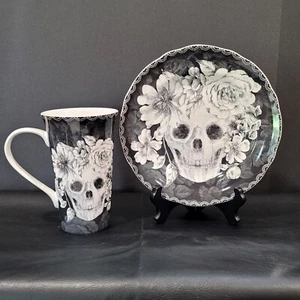 RARE 2 Pc. 222 Fifth "Marbella" B &W Sugar Skulls Porcelain Salad Plate & Mug - Picture 1 of 8