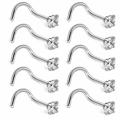 10PCS 18G Surgical Steel Mix Color CZ Nose Stud Rings Screw Bend Body Piercing - Image 1 of 4