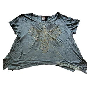 Harley Davidson Womens Top 2X Blue Gold Studded Eagle Spell Out Bottom - Picture 1 of 14