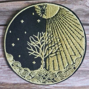 Black And Gold Tree Day Night Sun Moon New Age Witchy Embroidered Iron on Patch. - Picture 1 of 2