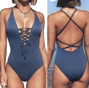 Large Blue V Neck Lace Up One Piece Swimsuit Item# L-1 - Picture 1 of 3