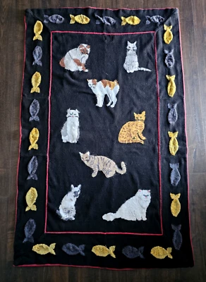 Manta vintage de cuentos tejida gatito gato pez 58 x 36 RARA Foto 1 de 4