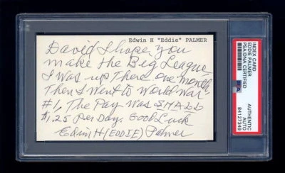 EDDIE BALDY PALMER SIGNED INDEX CARD PSA/DNA AUTOGRAPHED WORLD WAR ONE NOTE - Image 1 of 2