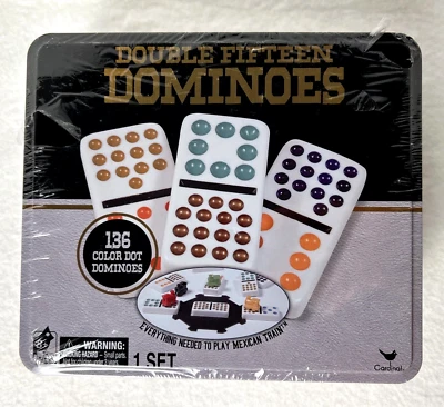 DOUBLE FIFTEEN - 136 Color Dot Dominos, Cardinal, Mexican Train , NEW in Tin Box - Image 1 of 4