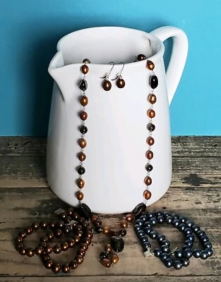 Set 1/4" Cultured Pearl Jewelry -2 Bracelets Earrings and Necklace w Smoky Topaz - Image 1 of 4