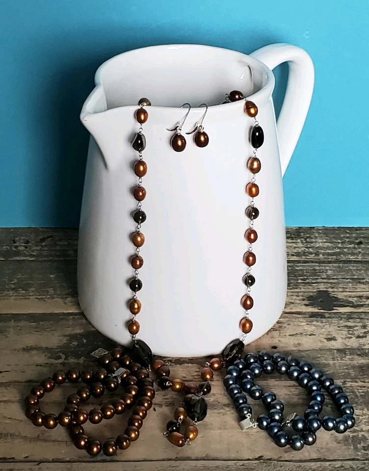 Set 1/4" Cultured Pearl Jewelry -2 Bracelets Earrings and Necklace w Smoky Topaz - Image 1 of 4