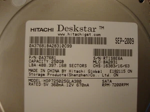 Hitachi HDP725025GLA380 MLC:BA2831 PN:0A37681 250gb Sata Desktop Drive - Picture 1 of 1