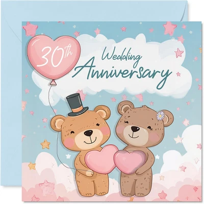 30Th Anniversary Card for Women Men - Bears & Clouds - Happy 30 Year Wedding Ann - Image 1 of 4