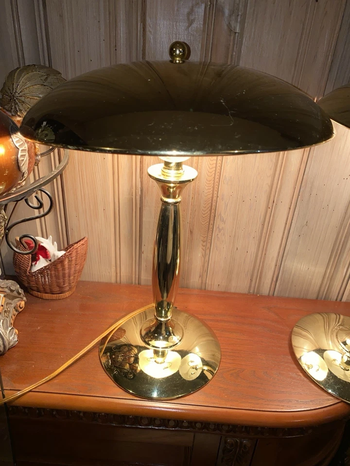 SET OF (2) VINTAGE MODERN GOLD SAUCER DOMED “MUSHROOM”  TOUCH LAMPS - Image 1 of 4