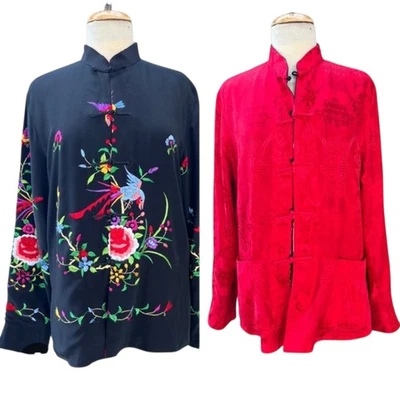 GRACE CHUANG Red & Black SILK EMBROIDERED Reversible L Kimono Jacket Top Birds - Image 1 of 4