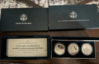1994 US Veterans 3 Coin Proof Silver Dollar Set US Mint Commemorative $1 - Image 1 of 2