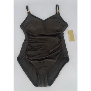¡NUEVO CON ETIQUETAS! Traje de baño Michael Kors Michael marrón liso fruncido de una pieza talla 10 - Imagen 1 de 11