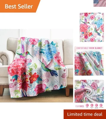 Colorful Hummingbird Flower Blanket - Warm Flannel Throw 50"x60" for All Seasons - Image 1 of 4