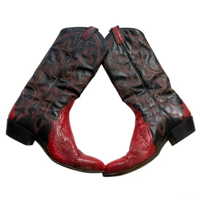 Vintage 80s Larry Mahan Women 7 Black Red Snake Skin/Leather Cowboy Boots 5051 - Image 1 of 4