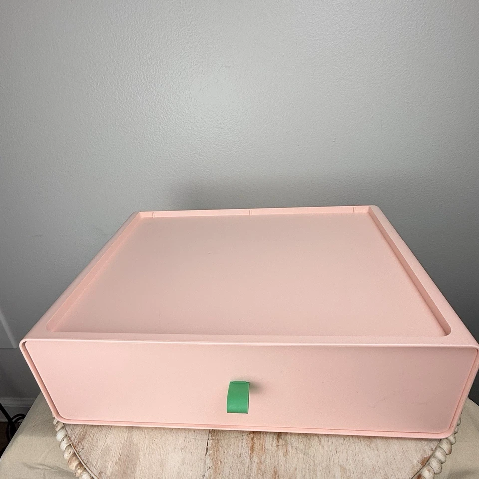 Caja organizadora de almacenamiento rosa mate con lengüeta verde manualidades juguetes tarjetas escritorio  Foto 1 de 4