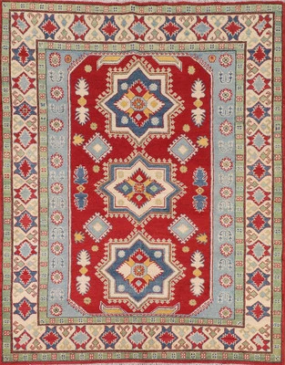 Red Geometric Kazak Oriental Rug 5x6 Ft Handmade Wool Carpet Traditional Rug - Image 1 of 4