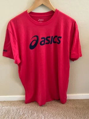 EXCELLENT Mens Asics Activewear T-Shirt Red Size L Dark Blue Logo 50/50 Blend - Image 1 of 4